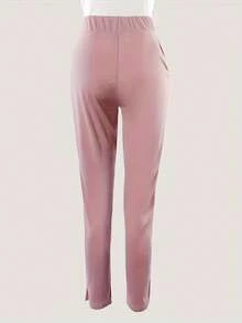 High-Waist Solid-Color Slim-Fit Drawstring Slit Pants For Women - Pink - View 3