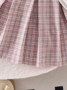 年轻女孩 2 件套优雅毛绒长袖翻领夹克和格子连衣裙套装，春秋季 - 粉色 - 查看 7