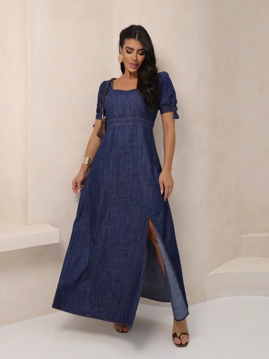 Short Sleeve Mid Jeans Dress With Lastex Tie And Side Slit - 深色洗 - 查看 1