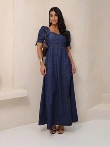 Short Sleeve Mid Jeans Dress With Lastex Tie And Side Slit - 深色洗 - 查看 2
