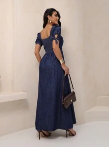 Short Sleeve Mid Jeans Dress With Lastex Tie And Side Slit - 深色洗 - 查看 3