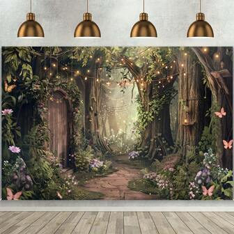 1pc Spring Background Magic Garden Fairy Tale World Grass Butterfly Wonderland Background Shower Birthday Party Decoration Studio Photography Banner Booth Props, Party Decoration Supplies, Home Decoration Supplies,Christmas
