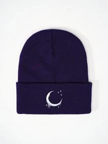 1 件刺绣月亮图案针织帽，春秋季旅行海滩休闲防晒帽，Y2K 风格青年冬季秋季帽子