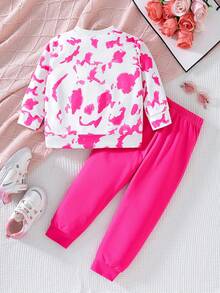 Conjunto de chándal informal y cómodo con estampado de corazón tie-dye y acuarela para niñas, ropa de invierno y prendas para niñas