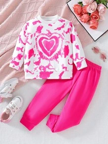 Conjunto de chándal informal y cómodo con estampado de corazón tie-dye y acuarela para niñas, ropa de invierno y prendas para niñas