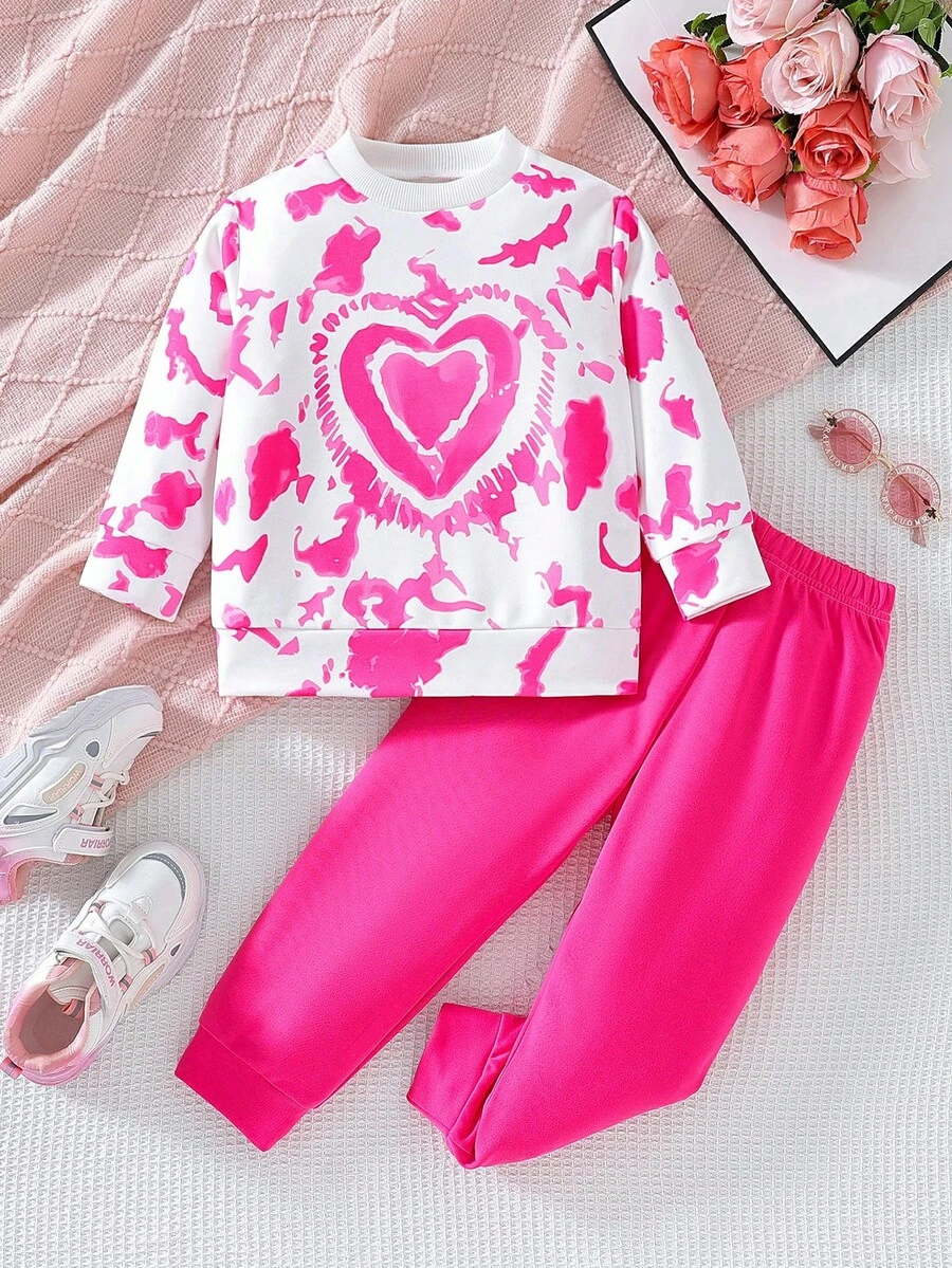 Conjunto de chándal informal y cómodo con estampado de corazón tie-dye y acuarela para niñas, ropa de invierno y prendas para niñas
