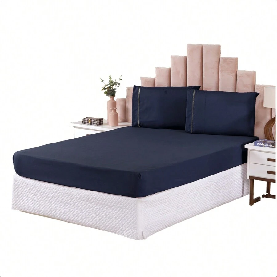 Bedding Set 3 Pieces Double Queen Sheet Pillowcase Toothpick Stitch - 藏蓝色 - 查看 1