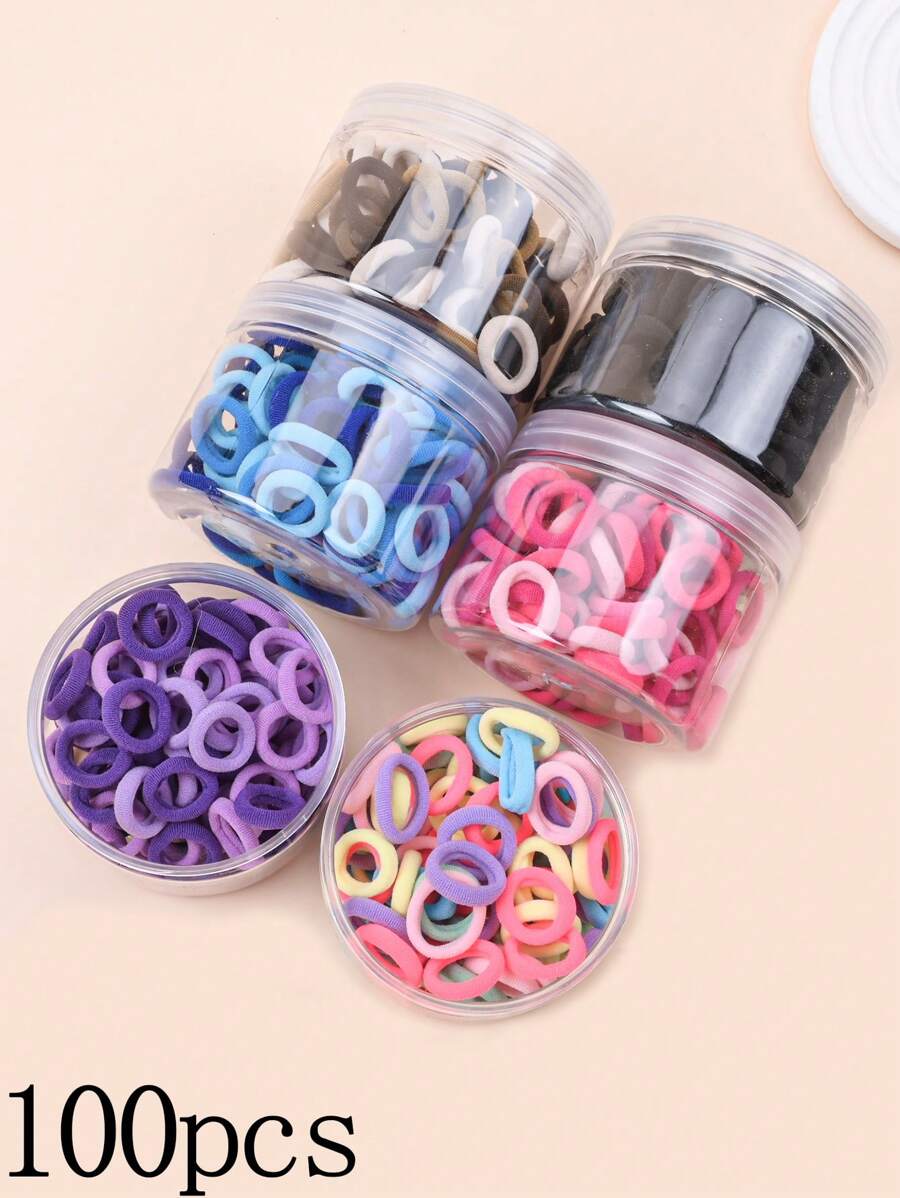 100 piezas Sujetadores de pelo elásticos altos para niños, bandas de pelo de colores de caramelo para niñas con coleta, accesorios para peinados diarios - Multicolor - Ver 1