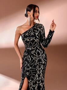 女士单肩亮片开衩晚礼服，黑色优雅长袖正式舞会礼服，适合婚礼嘉宾、毕业典礼、晚宴 - 黑色 - 查看 7