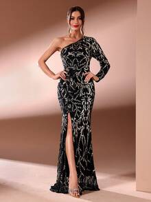 女士单肩亮片开衩晚礼服，黑色优雅长袖正式舞会礼服，适合婚礼嘉宾、毕业典礼、晚宴 - 黑色 - 查看 4