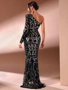 女士单肩亮片开衩晚礼服，黑色优雅长袖正式舞会礼服，适合婚礼嘉宾、毕业典礼、晚宴 - 黑色 - 查看 2