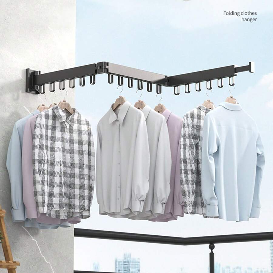 Tendedero Retráctil Plegable Negro Con Gancho, Colgador De Ropa Montado En La Pared Para Ahorro De Espacio Interior/exterior, 1 Ud. - Negro - Ver 1