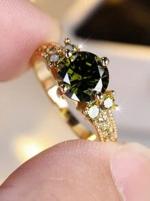 1 pieza Anillo de mujer de boda/compromiso de color dorado retro con piedra redonda de cristal verde oliva, regalo de piedra de nacimiento de agosto - anillo - Ver 14