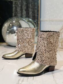Women's Ankle High Boots Embroidered Retro Gold Color Boots Metal Contrast Color Chunky Heel Motorcycle Winter Boots Comfortable Slip-On Shiny Gold High Heel Shoes Fashion Gold High Heels Suitable For Daily Wear Music Festival Sequin Decorative Sexy Western Boots