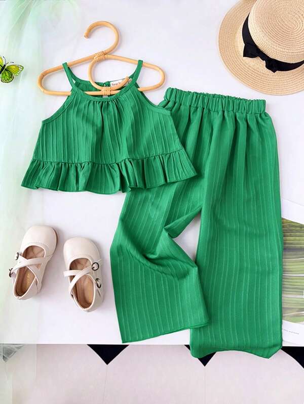Young Girls' 2pcs/Set Double-Layered Ruffle Edge Camisole Top & Wide Leg Pants Summer Outfits