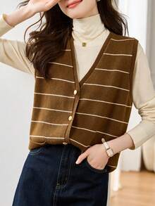 Maglia casual a righe a scollo a V in maglia, primavera/autunno