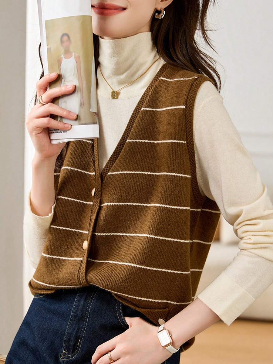 Maglia casual a righe a scollo a V in maglia, primavera/autunno