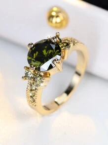 1 pieza Anillo de mujer de boda/compromiso de color dorado retro con piedra redonda de cristal verde oliva, regalo de piedra de nacimiento de agosto - anillo - Ver 5