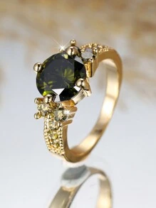 1 pieza Anillo de mujer de boda/compromiso de color dorado retro con piedra redonda de cristal verde oliva, regalo de piedra de nacimiento de agosto - anillo - Ver 6