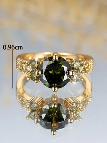 1 pieza Anillo de mujer de boda/compromiso de color dorado retro con piedra redonda de cristal verde oliva, regalo de piedra de nacimiento de agosto - anillo - Ver 3