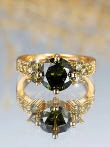 1 pieza Anillo de mujer de boda/compromiso de color dorado retro con piedra redonda de cristal verde oliva, regalo de piedra de nacimiento de agosto - anillo - Ver 2