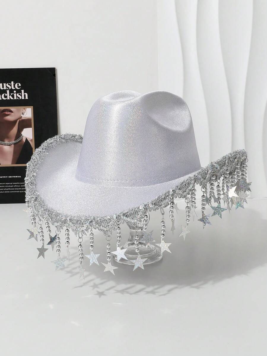 1 件女式闪亮五角星流苏吊坠时尚爵士帽，女牛仔帽适合派对、婚礼、舞台穿着，全年 - 禮帽 - 查看 1