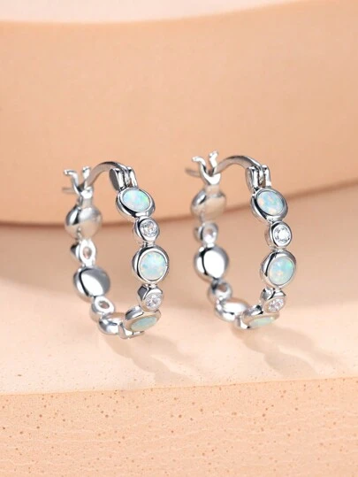 1pair 2-Colorful Opal Shiny Zirconia Decor Silvery Hoop Earrings Retro Elegant Style Copper Jewelry Daily Wear Accessories