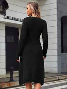 纯色圆领长袖修身长款毛衣连衣裙（图案随机） - 黑色 - 查看 2