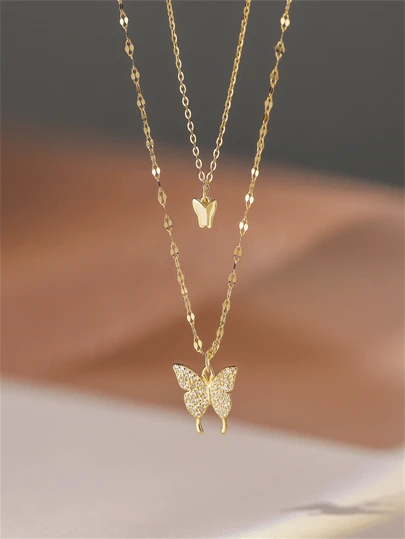1 件金色蝴蝶双层水晶项链，合金材质，送给女朋友的完美返校礼物