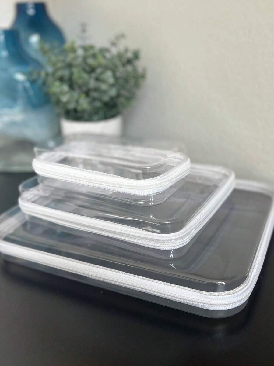 1/2/3pcs Best-Selling PVC Zippered Toy Storage Box, White & Clear, Clear Hard Pouch Stackable Toy Organizer, Home Organization Containers, Multi-Purpose And Transparent, Suitable For Clothing, Full-Featured Storage Bag Back To School - Clear - View 1