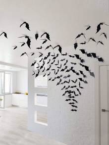 60 件万圣节蝙蝠装饰，4 种不同尺寸逼真 PVC 黑色 3D 恐怖蝙蝠贴纸适用于家居装饰 DIY 墙贴浴室室内万圣节派对用品 - 黑色 - 查看 6