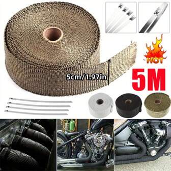 5M Roll Fiberglass Heat Shield Motorcycle Exhaust Header Pipe Heat Wrap 1.5mm*50mm*5m(0.059inch*1.97inch*196.85inch) Cloth Thermal Protection Exhaust Pipe Insulation Tape