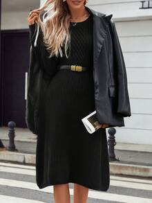 纯色圆领长袖修身长款毛衣连衣裙（图案随机） - 黑色 - 查看 6