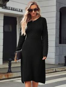 纯色圆领长袖修身长款毛衣连衣裙（图案随机） - 黑色 - 查看 5