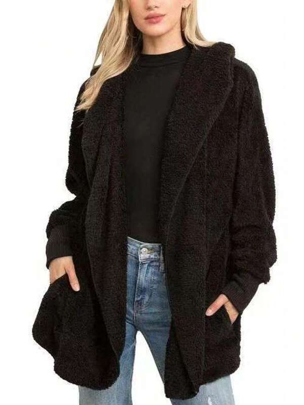 Autumn Winter Teddy Fleece Hooded Pocket Front Open Cardigan Plus Size Coat