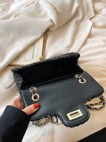 1 件 2025 新款时尚金线羊毛单肩斜跨小方包，适合女士度假、旅行、日常使用、约会、礼物 - 黑色 - 查看 6