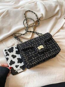 1 件 2025 新款时尚金线羊毛单肩斜跨小方包，适合女士度假、旅行、日常使用、约会、礼物 - 黑色 - 查看 5