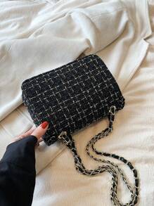 1 件 2025 新款时尚金线羊毛单肩斜跨小方包，适合女士度假、旅行、日常使用、约会、礼物 - 黑色 - 查看 4