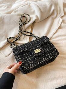 1 件 2025 新款时尚金线羊毛单肩斜跨小方包，适合女士度假、旅行、日常使用、约会、礼物 - 黑色 - 查看 3