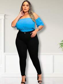 Women's Skinny Plus Size Basic Black Jeans High Waist Lifts Butt - Negro - Ver 3