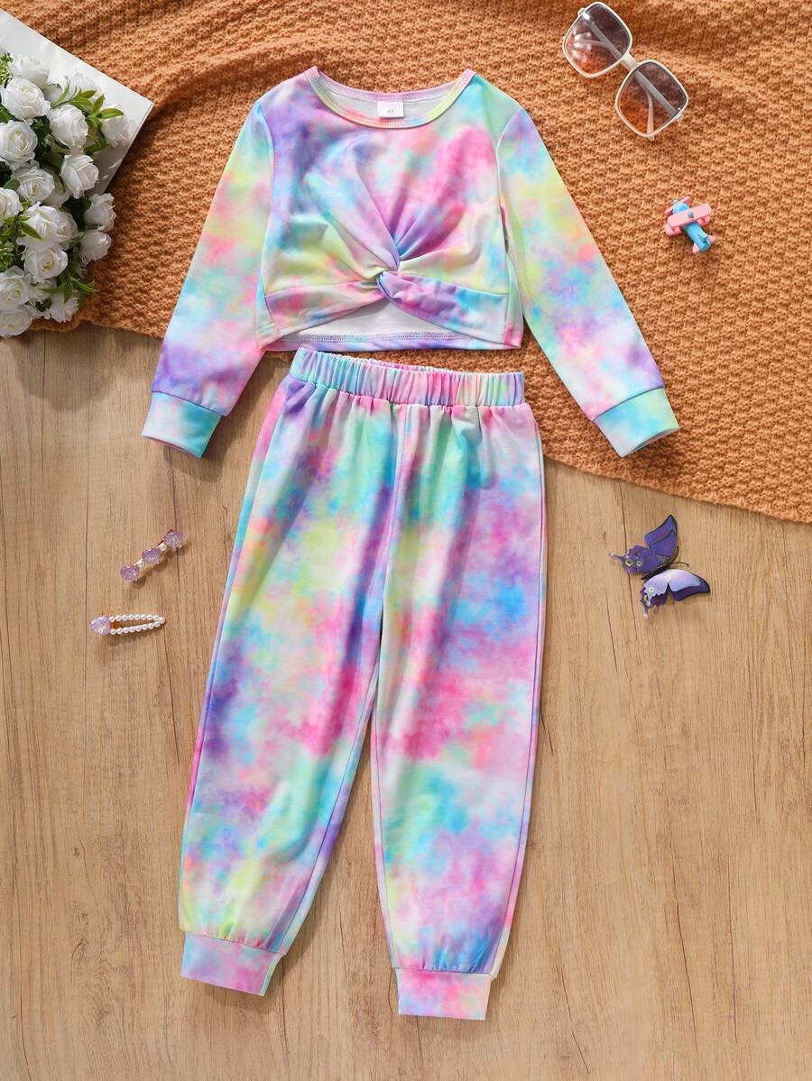 2pcs/Set Young Girl Round Neck Long Sleeve Tie-Dye T-Shirt And Elastic Waist Straight Casual Pants, Spring/Autumn Sportswear Fashion Set
