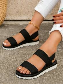 Damen einfache gewebte Plattform Keilsandalen mit elastischem Band - Schwarz und Weiss - Übersicht 6