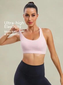 Tender Angel 女士交叉美背运动胸罩，新款春夏中强度瑜伽健身细肩带运动胸罩健身上衣 - 藕粉色 - 查看 2