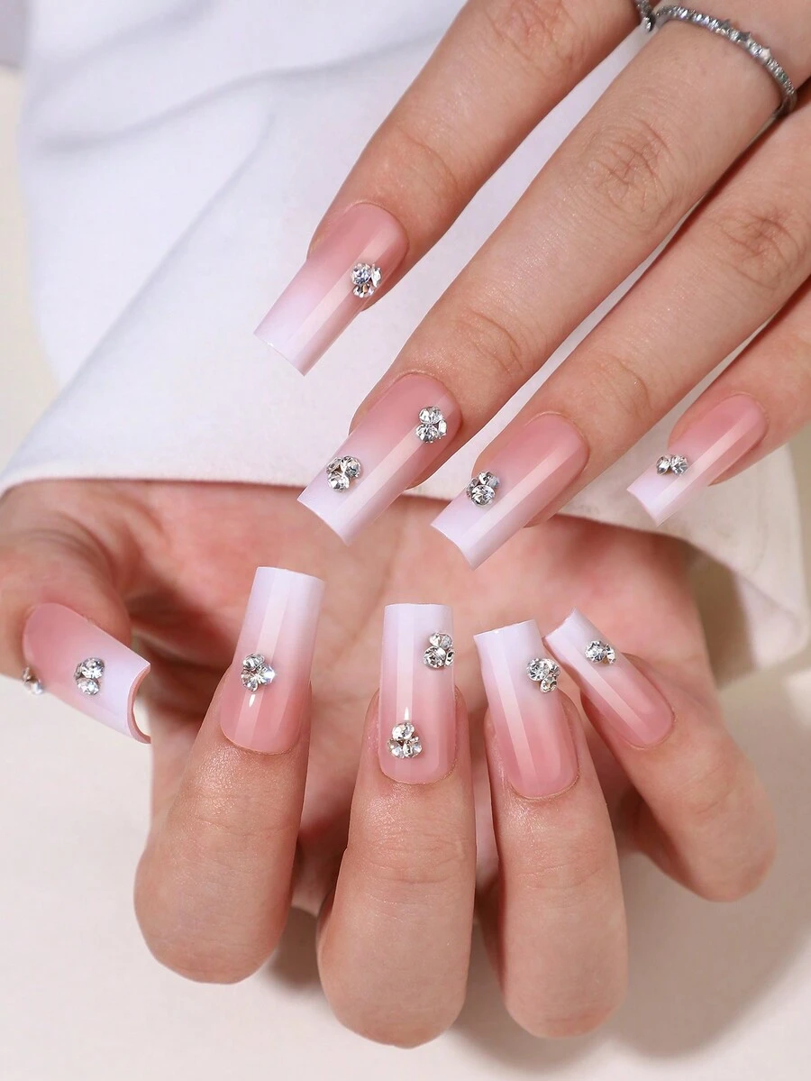 32pcs/Set Diamond Accent Ombre Pink Coffin Shaped Press-On Nails - Durable & Reusable Simple Design Acrylic False Nails, Includes 2pcs Nail Glue And 1pc Nail File, For Women & Girls, Daily Life And Party Use