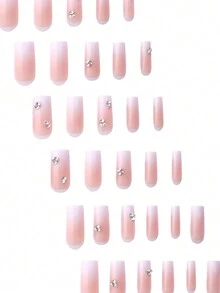 32pcs/Set Diamond Accent Ombre Pink Coffin Shaped Press-On Nails - Durable & Reusable Simple Design Acrylic False Nails, Includes 2pcs Nail Glue And 1pc Nail File, For Women & Girls, Daily Life And Party Use - Multicolor - View 7