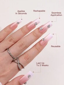 32pcs/Set Diamond Accent Ombre Pink Coffin Shaped Press-On Nails - Durable & Reusable Simple Design Acrylic False Nails, Includes 2pcs Nail Glue And 1pc Nail File, For Women & Girls, Daily Life And Party Use - Multicolor - View 4