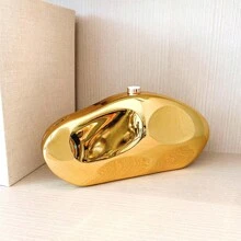 Golden Acrylic Evening Clutch Bag With Shoulder & Crossbody Chain For Women - Gold - View 3