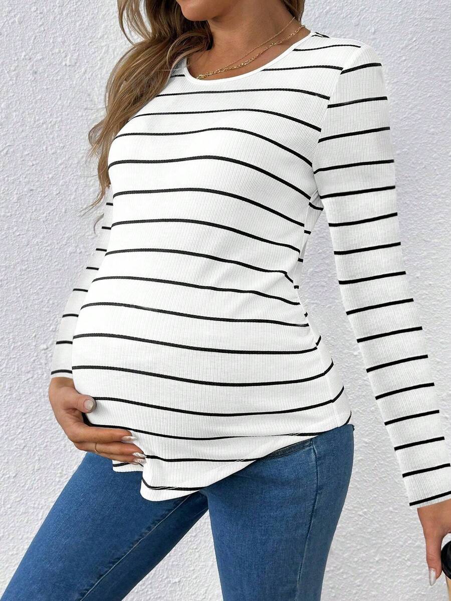 Camiseta de manga larga de punto acanalado con estampado de rayas, sencilla y casual para maternidad