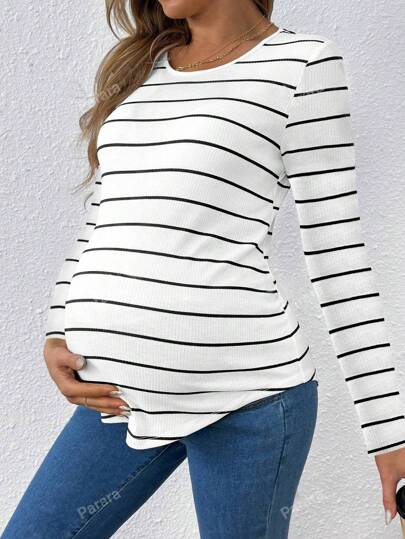 Maternity Simple And Casual Striped Print Rib-Knit Tee With Long Sleeve