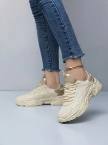 Scarpe sportive da donna Nuove scarpe casual da ginnastica con suola antiscivolo resistente, leggere, in in rete traspirante, sneaker casual da esterno alla moda e classiche con lacci, in colore contrasto e platform, scarpe casual vulcanizzate unisex primavera autunno semplici e monocromatiche a collo basso - Cachi - Visualizzare 2